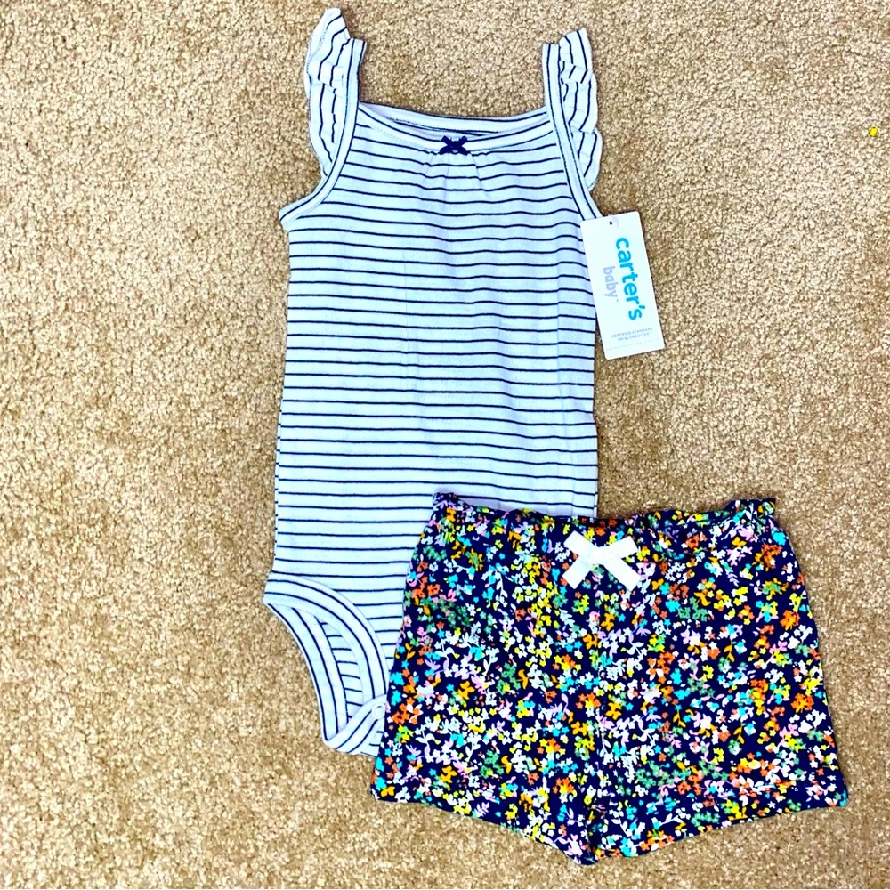 Carters baby girls two piece outfit set tank top onesie shorts floral stripe